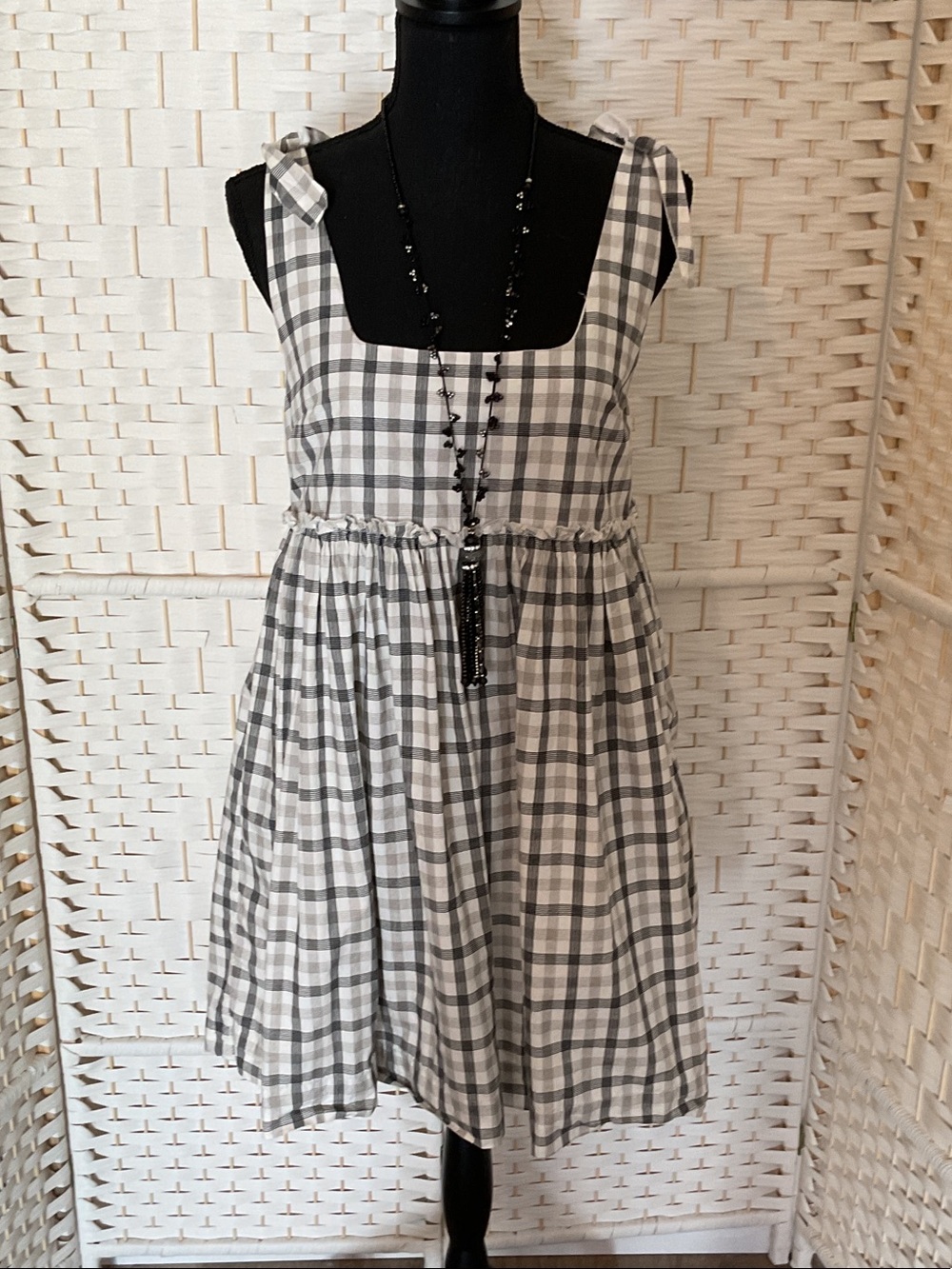 Urban Outfitters Black & White Gingham Tie-Shoulder Dress